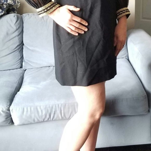 50's Gold Soutache Chiffon Balloon Sleeves Dress - Picture 7 of 9